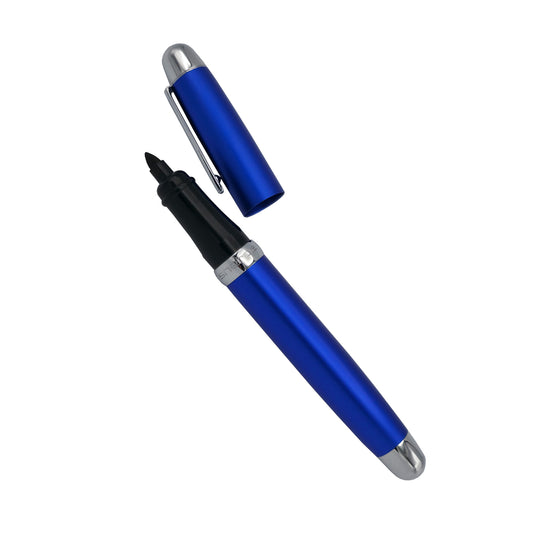 Sherpa Pen Aluminum Classic in Perfect Blue, uncapped with a Sharpie marker inside