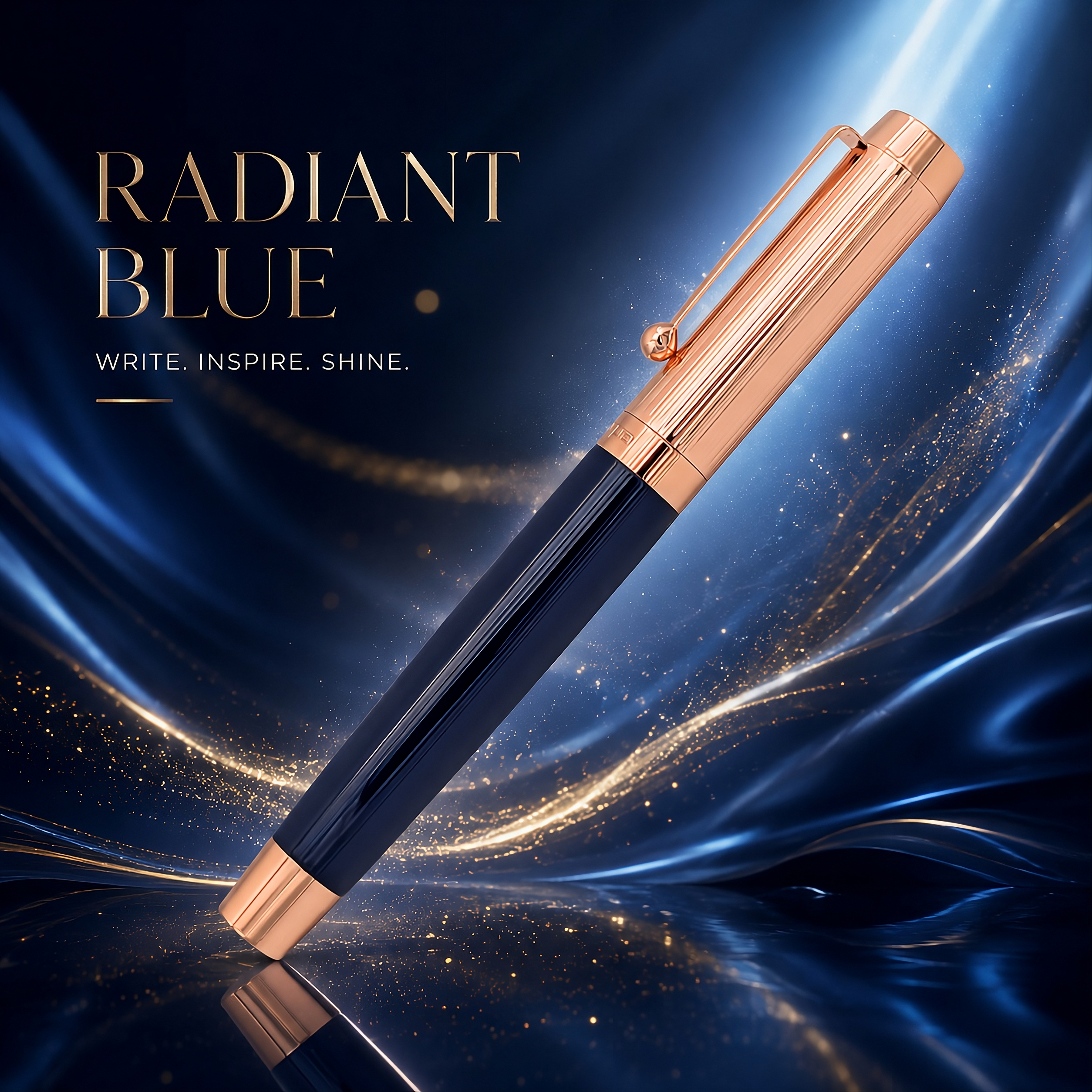 Luxury Sherpa pen with rose gold accents with a radiant blue barrel and background