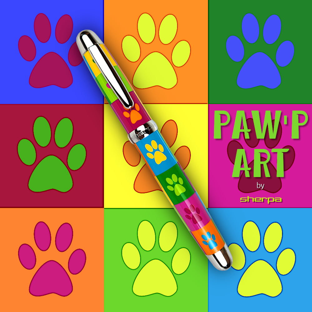 Sherpa Pen Pawp Art classic Sharpie cover.  1960's Pop Art to show love for our furry friends.  Takes Sharpie, uni-ball- roller balls, fountain pens, highlighters and so much more.  Free shipping over $25