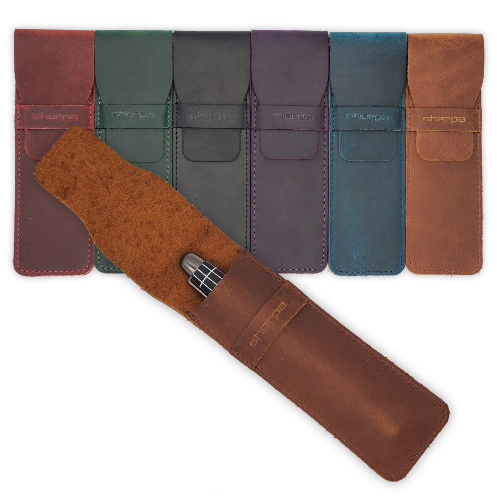 Sherpa Leather Pen Cases, offering stylish and protective storage for your Sherpa Pens. Crafted from high-quality leather, these cases provide a sophisticated way to carry and protect your favorite pens, with a sleek design that complements any collection.