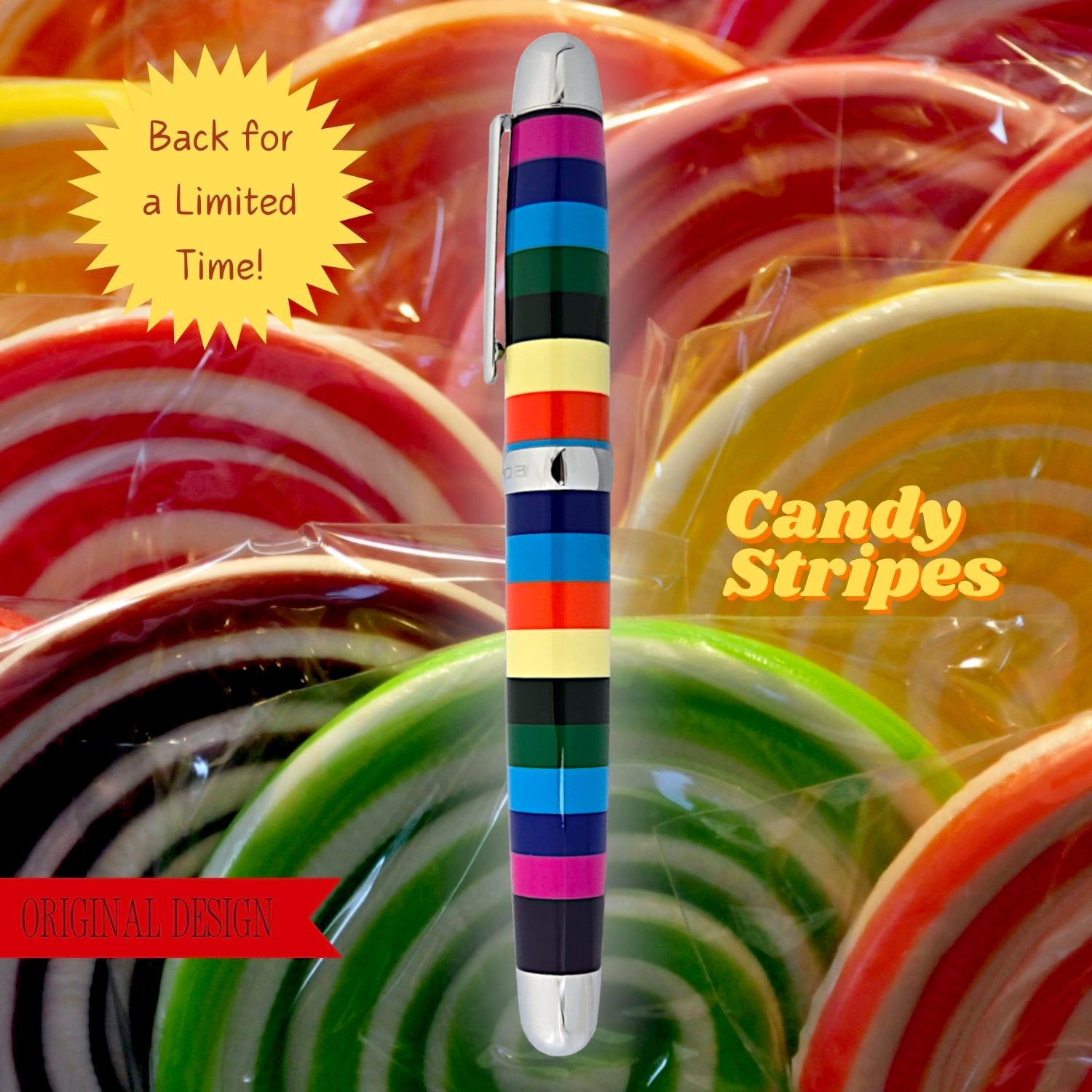 Sherpa Pen Candy Stripes – a colorful, retro-inspired Sharpie cover featuring vibrant multi-colored stripes, ideal for creative professionals and pen lovers who enjoy bold, fun design.