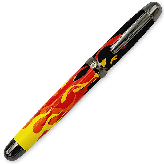 Sherpa Classic Flames Sharpie marker, uni-ball pen, roller ball, ballpoint, fountain pen cover.  Flames silkscreen with gunmetal trim.