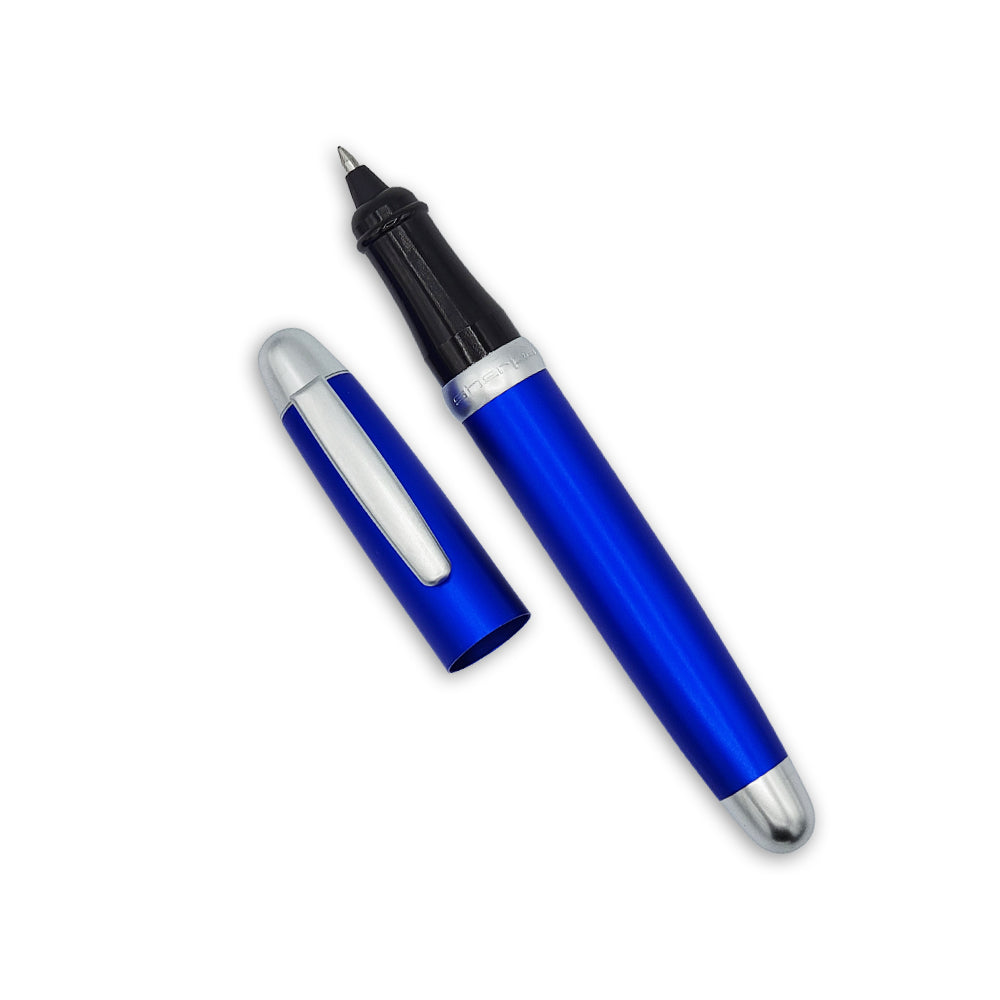 Sherpa Pen Aluminum Classic Perfect Blue Sharpie Pen cover loaded with roller ball insert