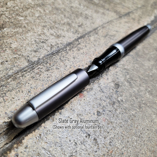 Sherpa Classic Slate Grey/Satin Silver featuring the Sherpa Fountain Pen Insert, part of the versatile refill collection for customizable writing experiences. This image highlights how the insert transforms your Sherpa Pen into a premium fountain pen.